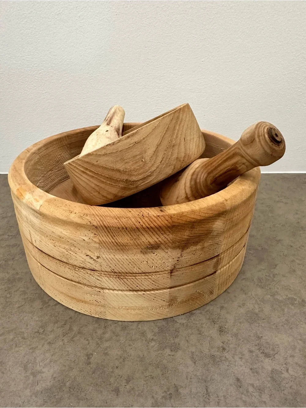 Set of 2 Natural Wood Mortar and Pestle Sets Light Wood Natural Grain Primitive